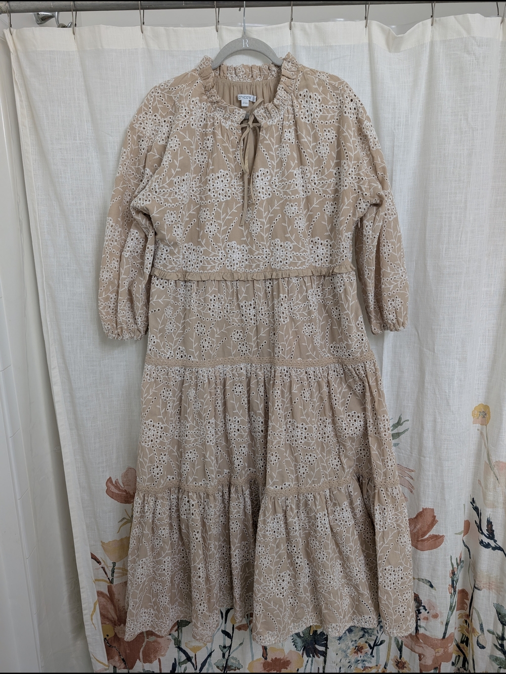 Chico's US 12 Beige Eyelet Embroidered Tiered Midi Dress Boho Cottagecore